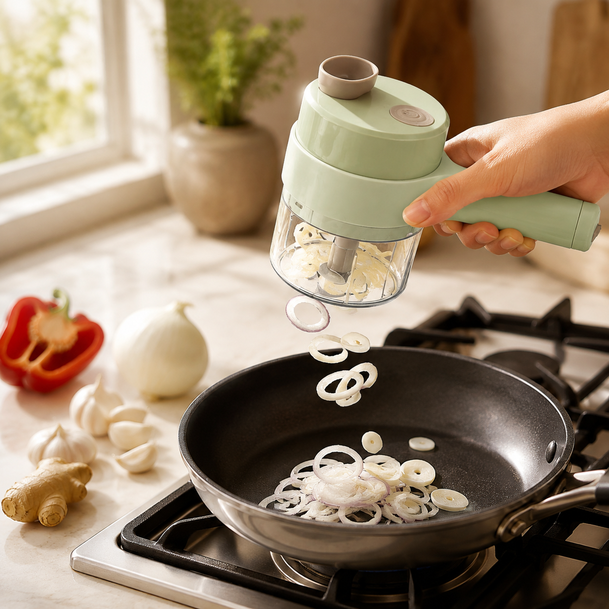 Cordless electric food cutter slicing onions directly into frying pan
